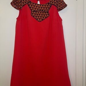 Salmon Dress with Navy and Gold Patterned Accents